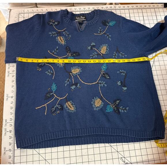Extra Point Vintage Blue Floral Embroidered Granny Pullover Sweater Women 2XL - Picture 6 of 7